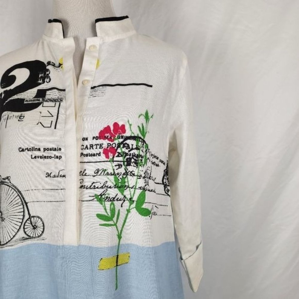 W Brand Cotton Flax Kurti Tunic Dress Top Blue Floral Printed Size 10 Small - Picture 2 of 10